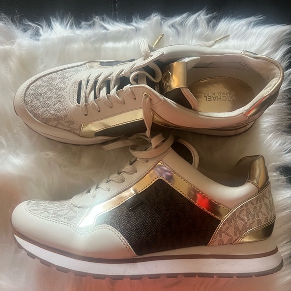 Michael Kors Cream and Gold Sneakers with Luxe Metallic Finish - Picture 1 of 4
